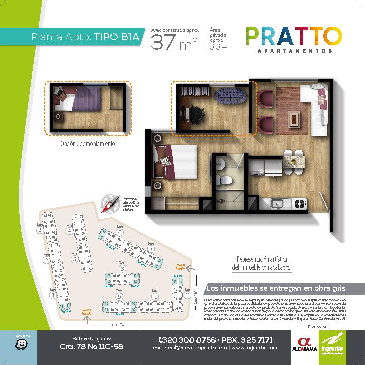 TIPO B1A
Área construida aprox.:
37 m2
Área privada aprox:
33 m2